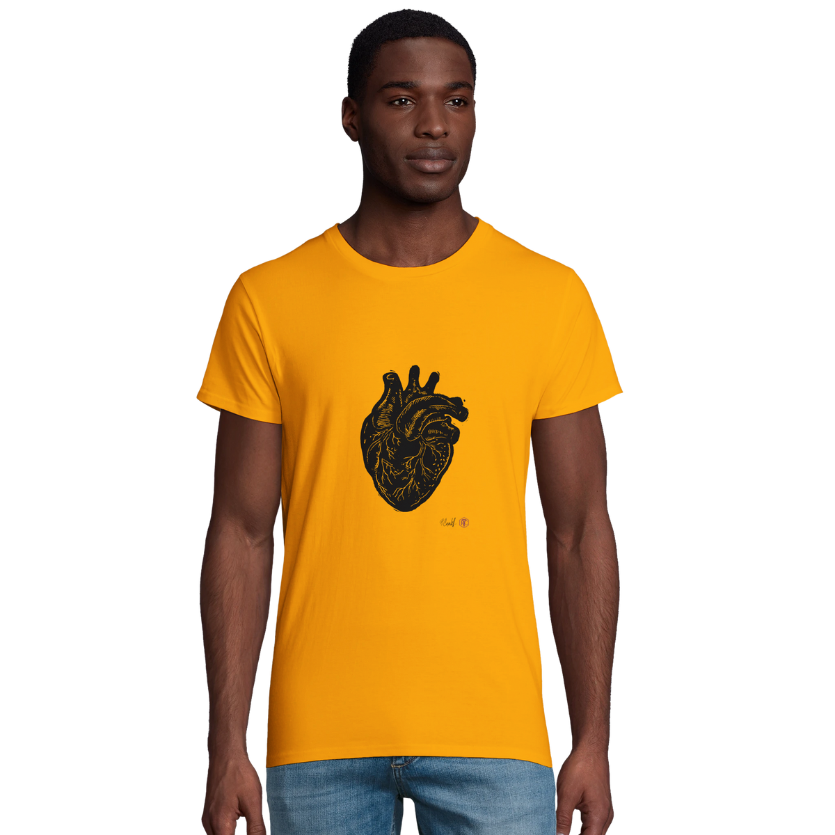 Model wearing T-shirt “Anatomical Heart”, gold, men’s cut – front view