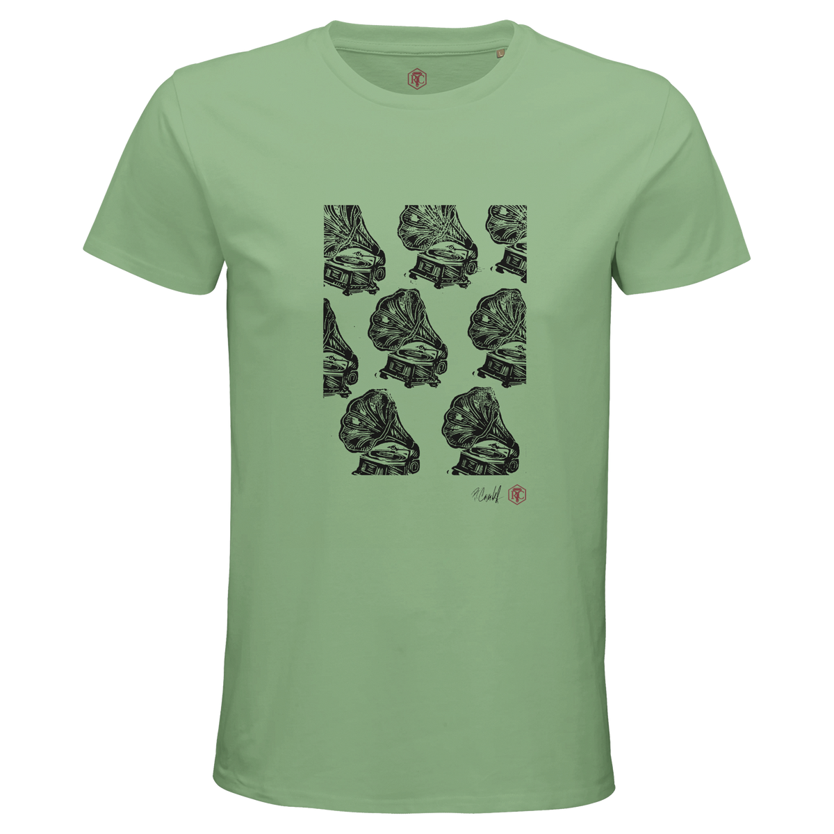 Organic cotton T-shirt with the linocut “Gramophones” – apple green, men’s cut