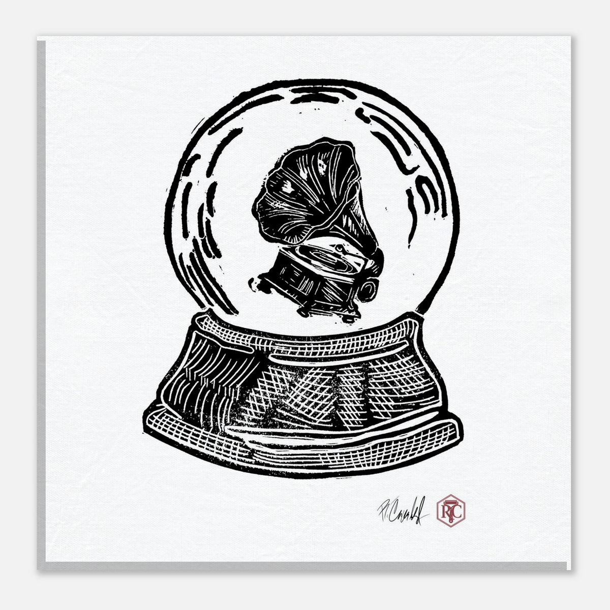 Canvas print 20 × 20 cm with the linocut “Snow Globe Gramophone” – front view