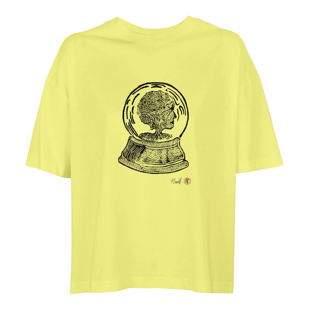 Organic cotton T-shirt with the linocut “Snow Globe Tree” – light yellow, women’s cut