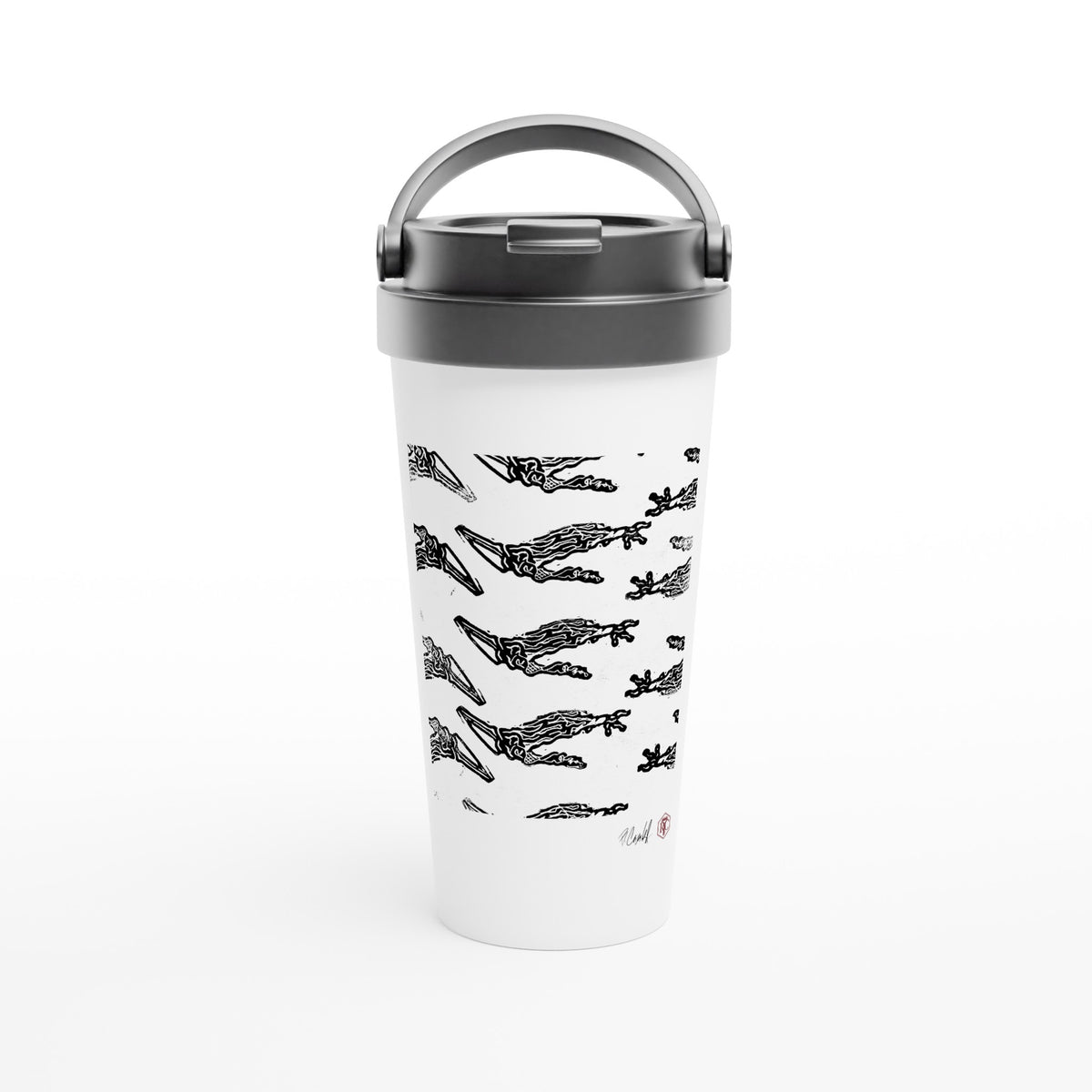 Stainless steel travel mug with the linocut “Claws” – view 1