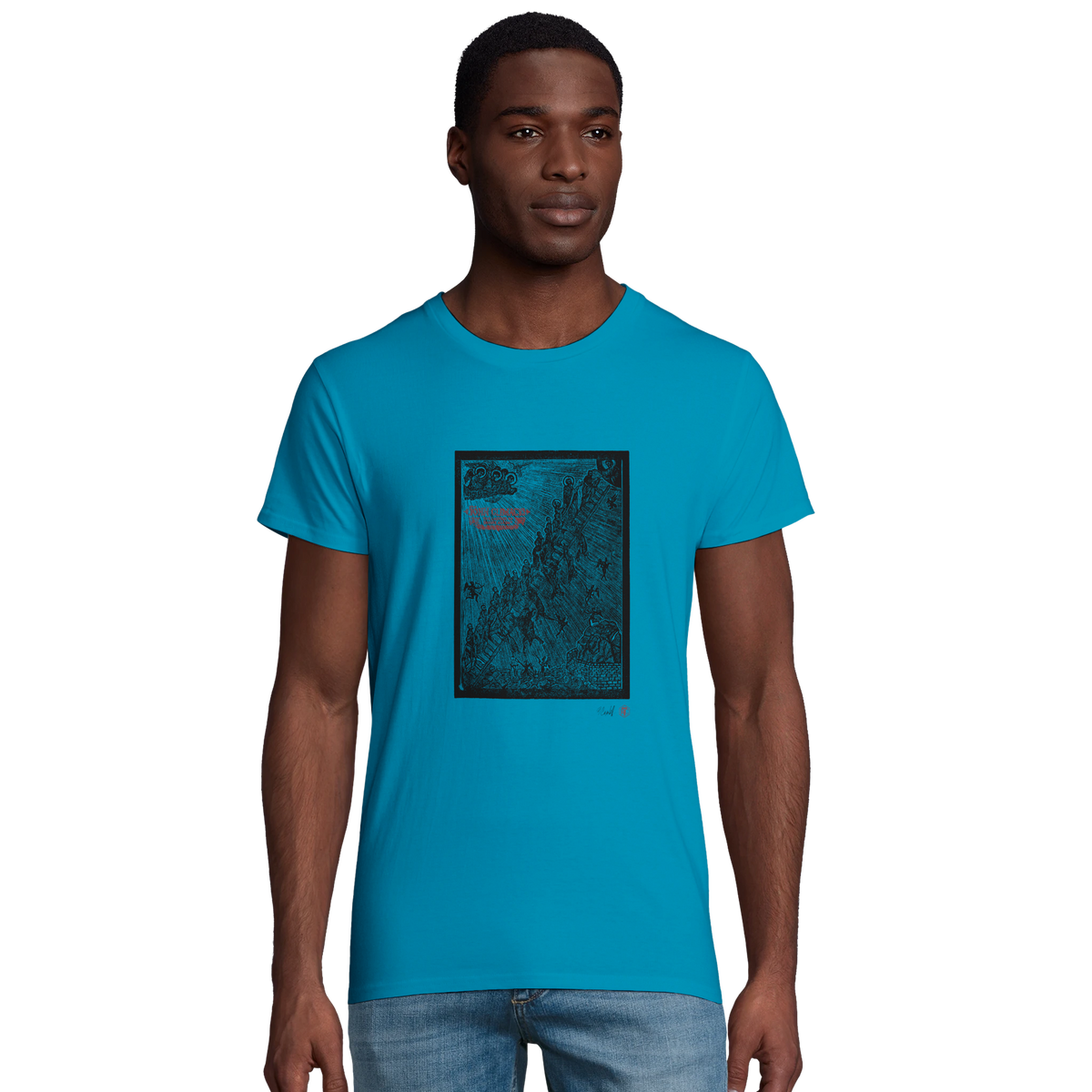 Model wearing T-shirt “The Ladder”, aqua, men’s cut – front view