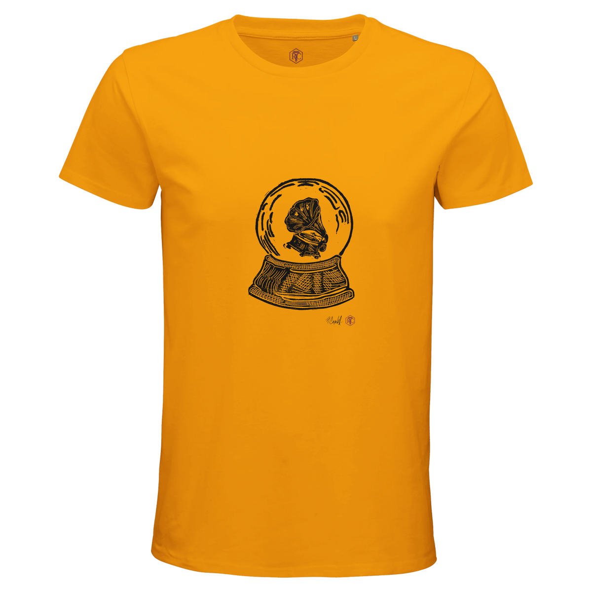 Organic cotton T-shirt with the linocut “Snow Globe Gramophone” – gold, men’s cut