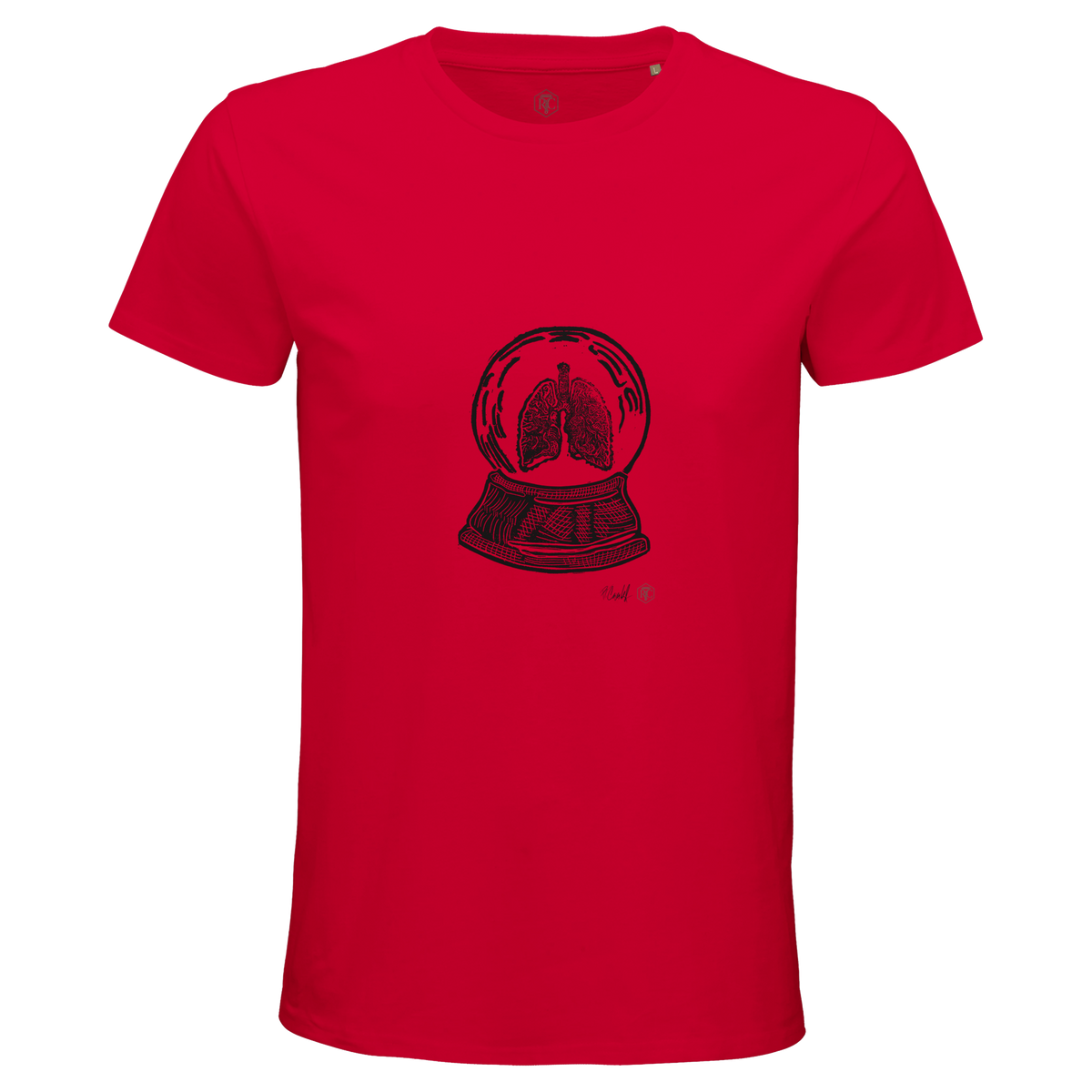 Organic cotton T-shirt with the linocut “Snow Globe Lungs” – red, men’s cut