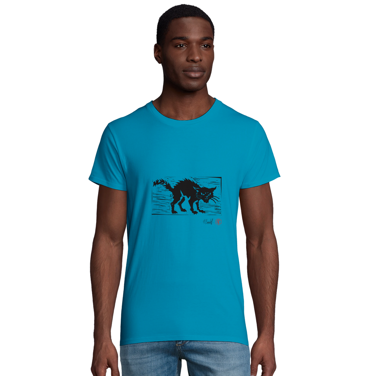 Model wearing T-shirt “Cat”, aqua, men’s cut – front view