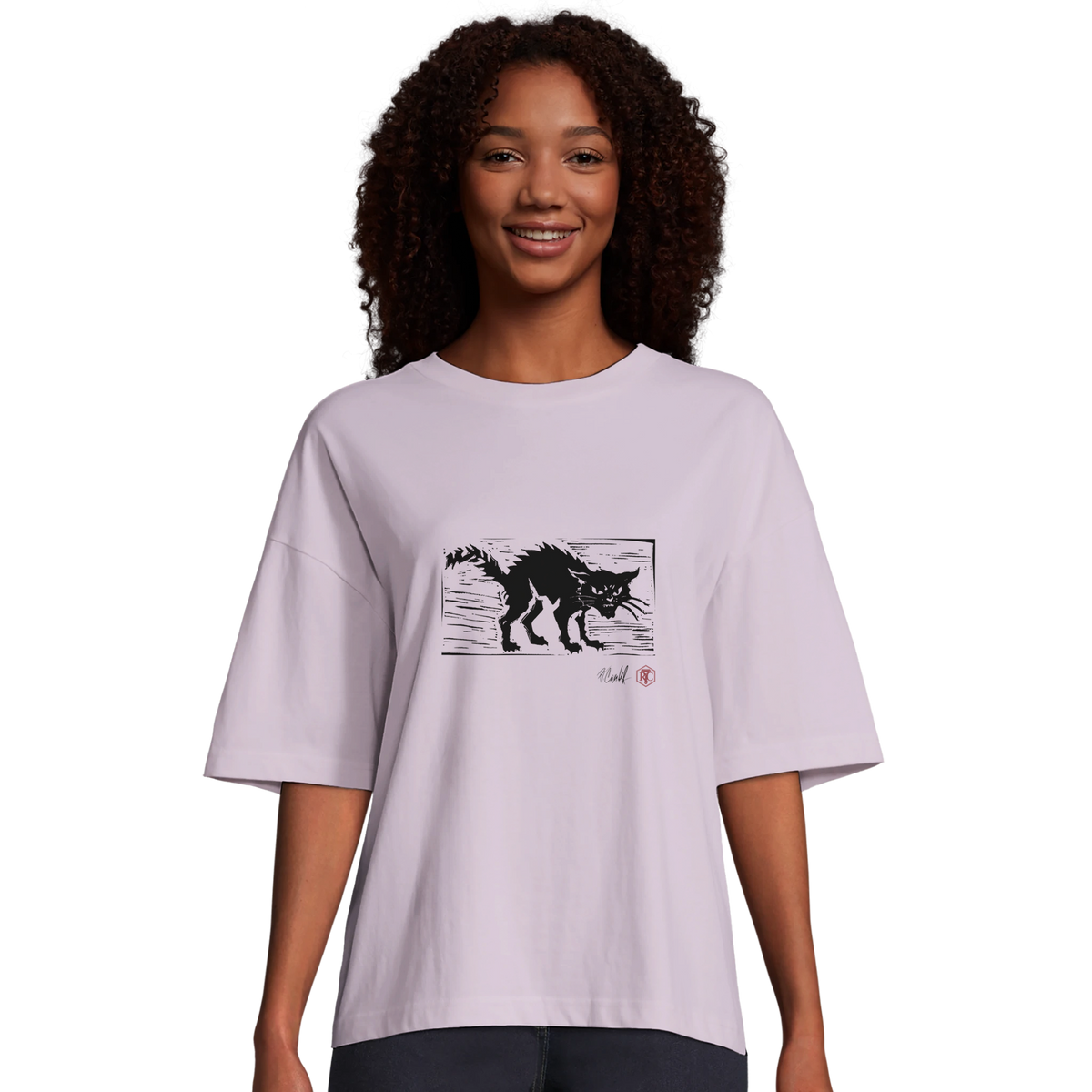 Model wearing T-shirt “Cat”, lilac, women’s cut – front view