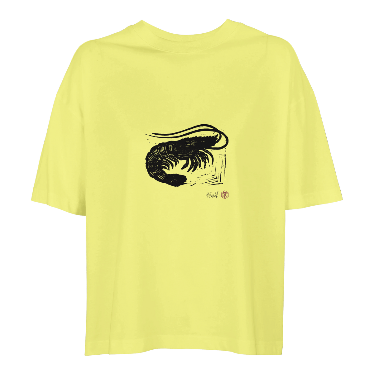 Organic cotton T-shirt with the linocut “Shrimp” – light yellow, women’s cut