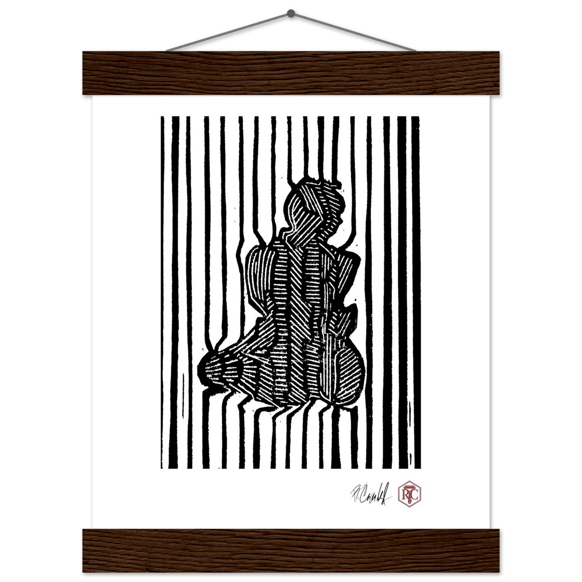 Poster 20 × 25 cm with wooden hanger, linocut “Stripes” – front view