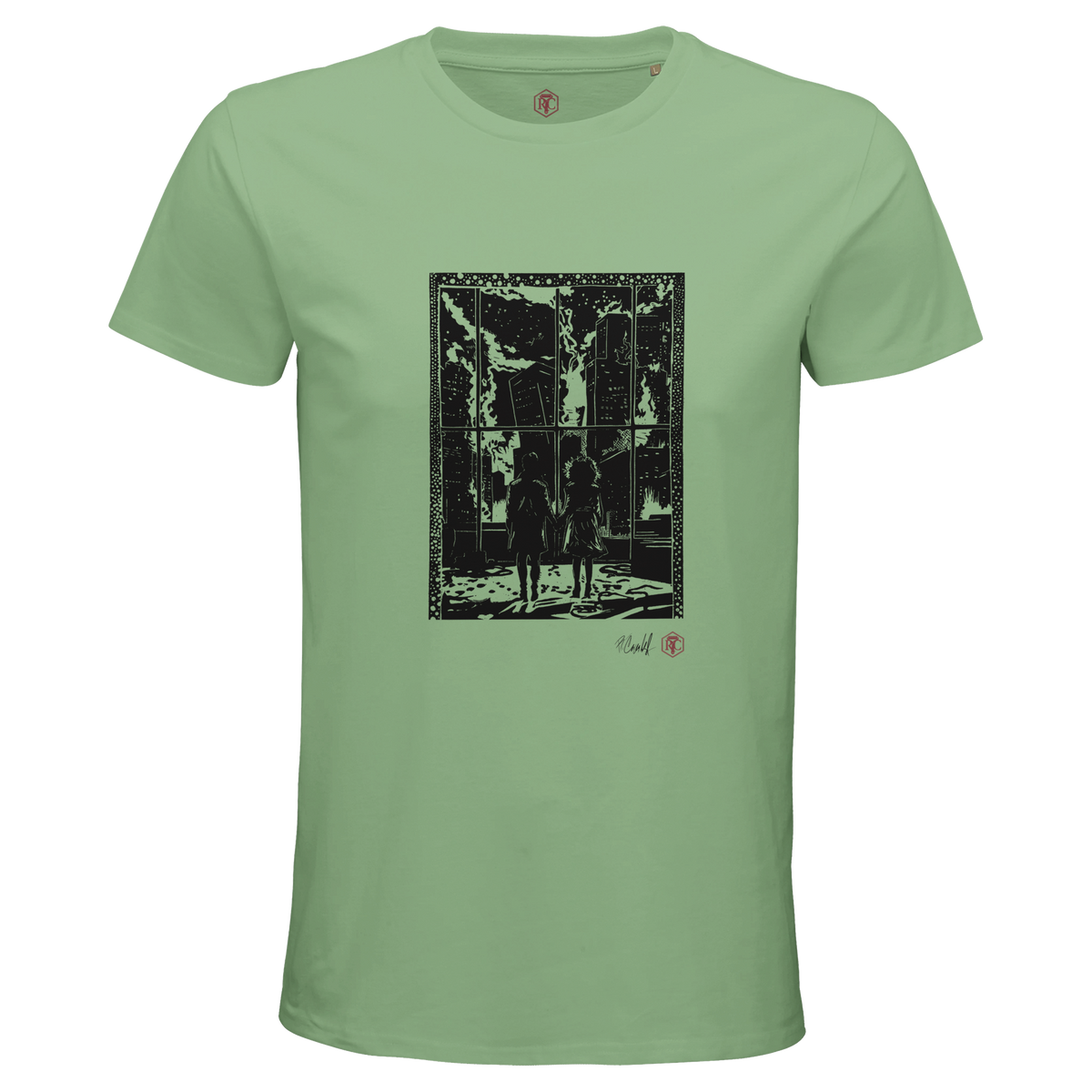Organic cotton T-shirt with the linocut “The Window” – apple green, men’s cut