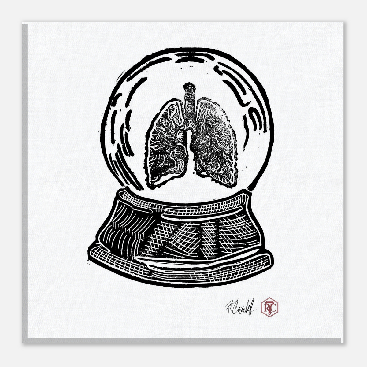 Canvas print 20 × 20 cm with the linocut “Snow Globe Lungs” – front view
