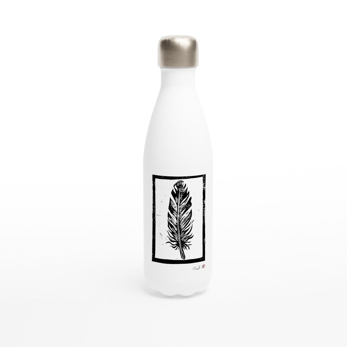 Stainless steel bottle with the linocut “Feather” – view 1