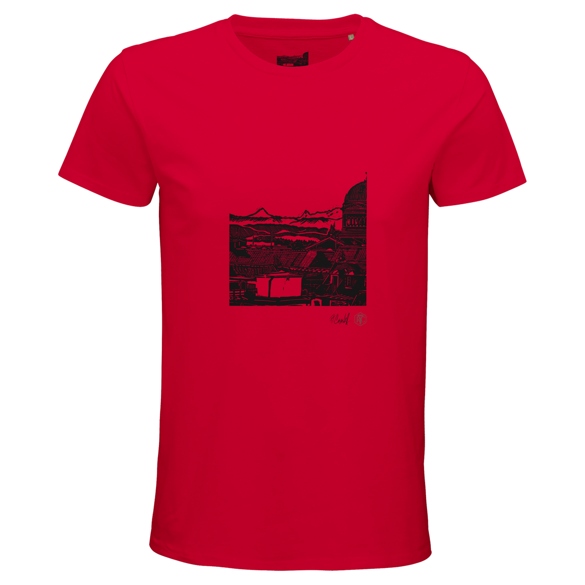 Organic cotton T-shirt with the linocut “Above Bern” – red, men’s cut
