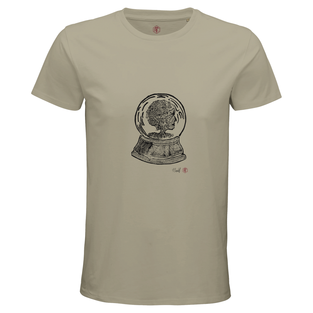 Organic cotton T-shirt with the linocut “Snow Globe Tree” – sand, men’s cut