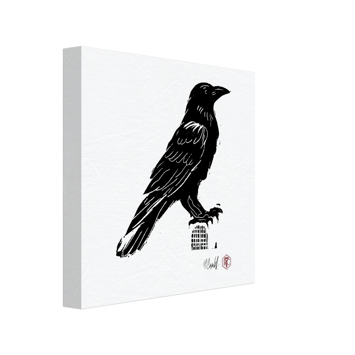 Canvas print 20 × 20 cm with the linocut “Raven” – side view
