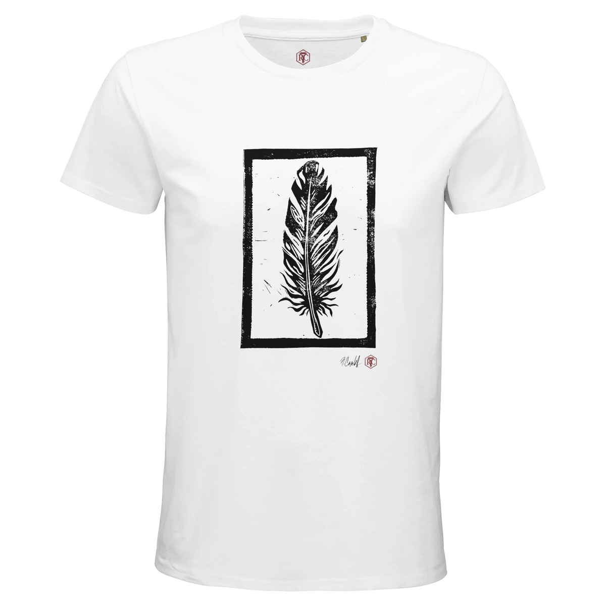 Organic cotton T-shirt with the linocut “Feather” – white, men’s cut