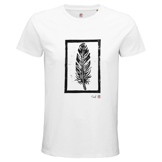 Organic cotton T-shirt with the linocut “Feather” – white, men’s cut