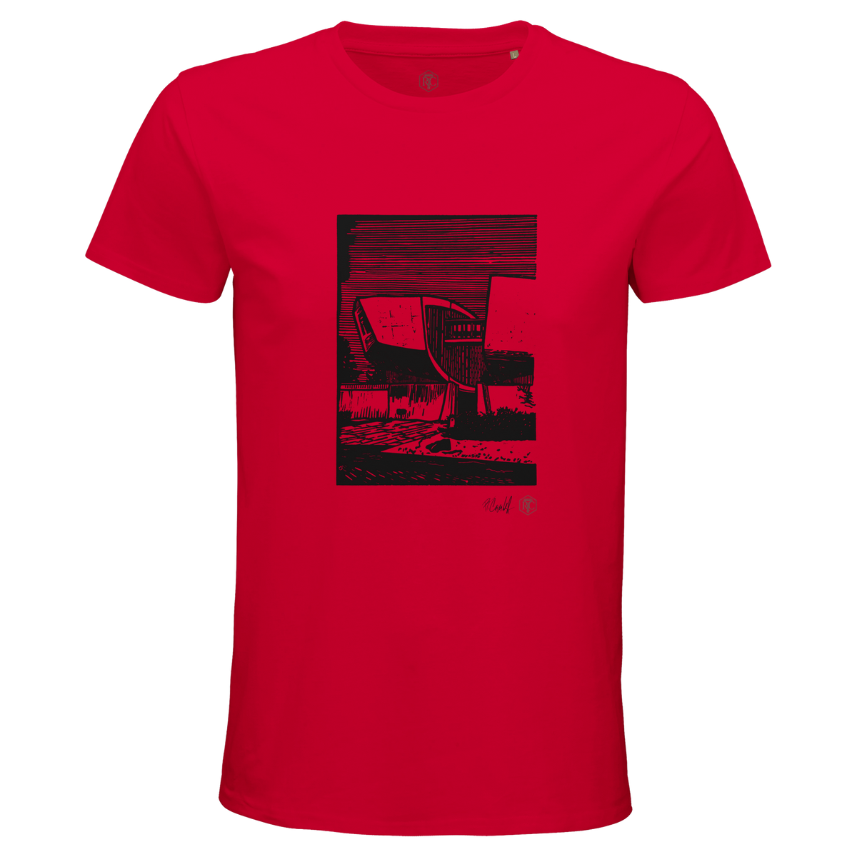 Organic cotton T-shirt with the linocut “SNP” – red, men’s cut