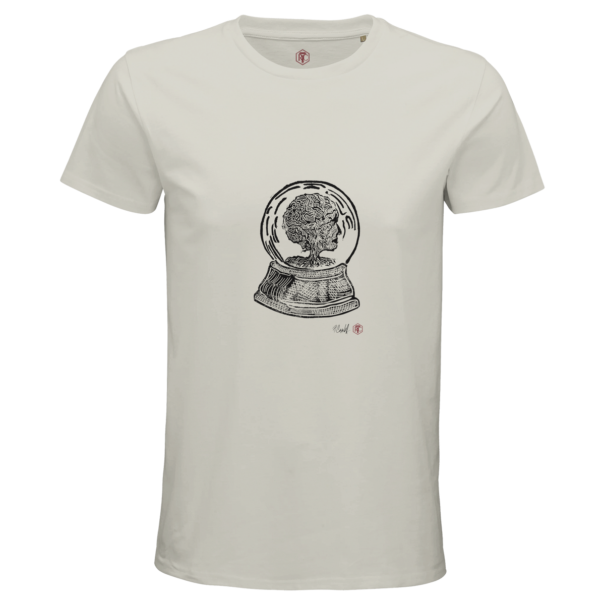 Organic cotton T-shirt with the linocut “Snow Globe Tree” – ash grey, men’s cut