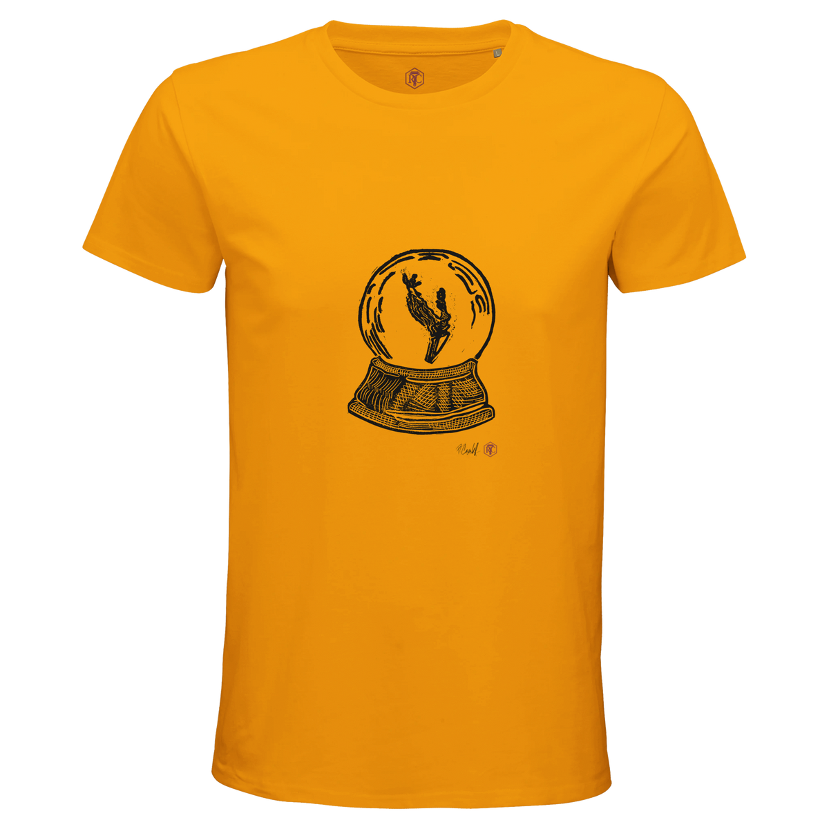 Organic cotton T-shirt with the linocut “Snow Globe Branch” – gold, men’s cut