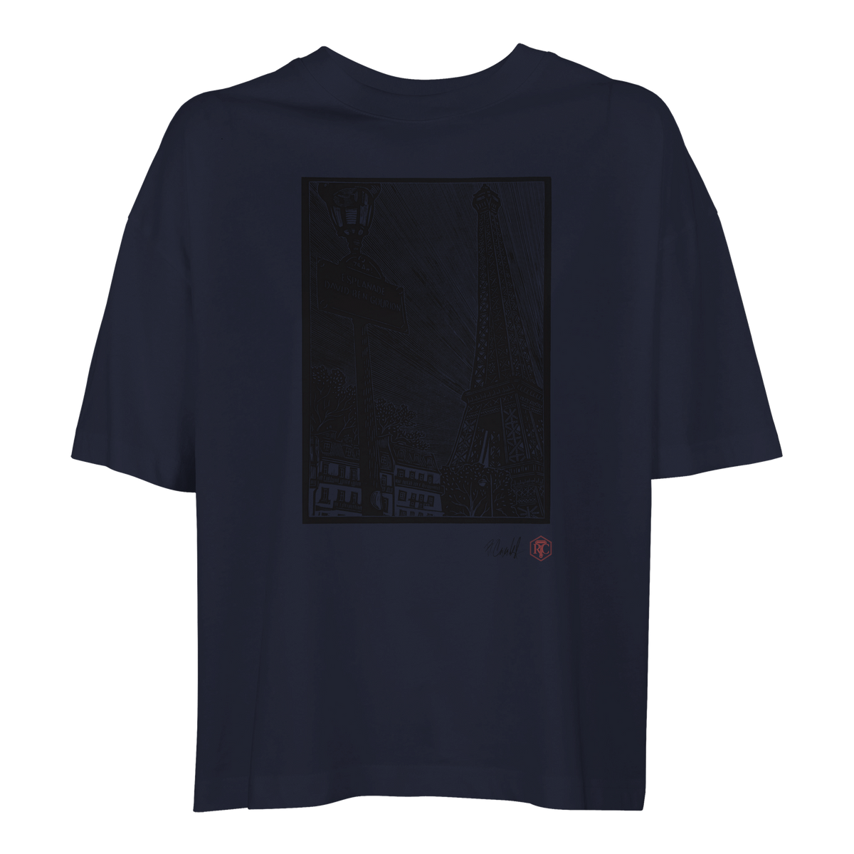 Organic cotton T-shirt with the linocut “Esplanade, Paris” – navy blue, women’s cut