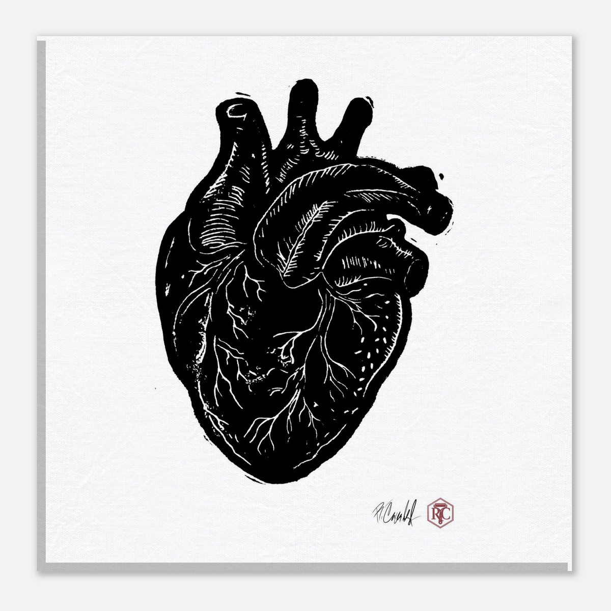 Canvas print 20 × 20 cm with the linocut “Anatomical Heart” – front view