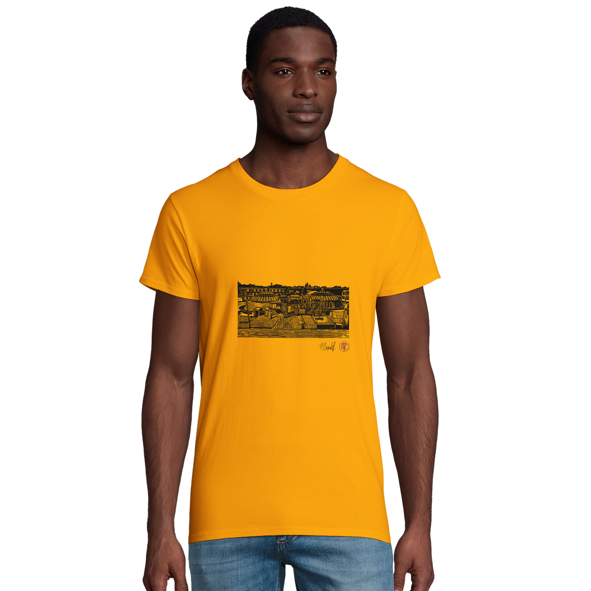 Model wearing T-shirt “The Domes”, gold, men’s cut – front view