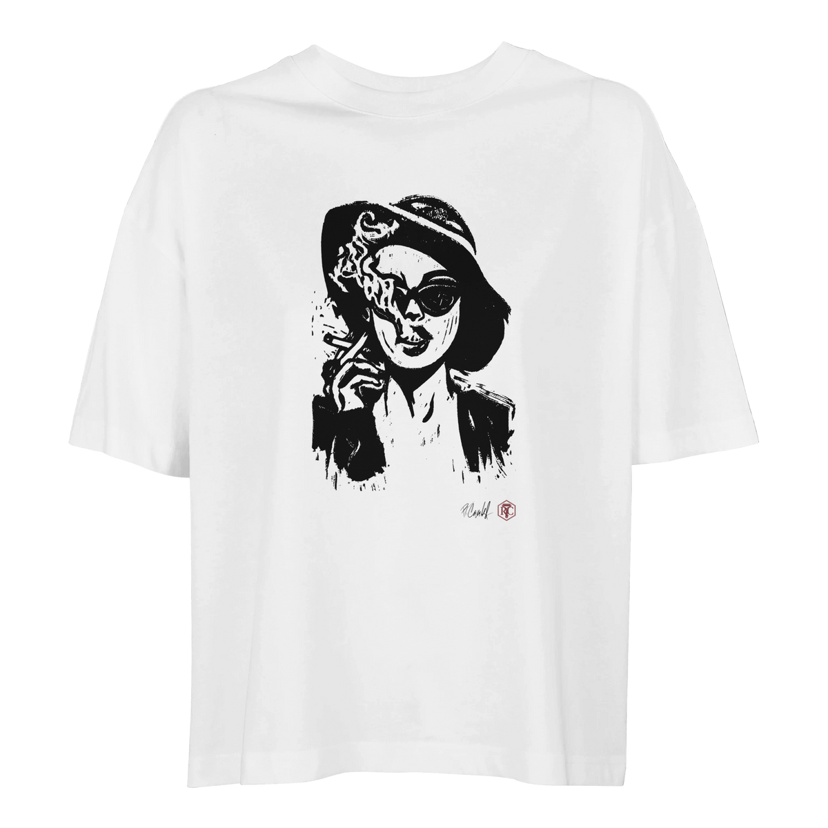 Organic cotton T-shirt with the linocut “Smoke” – white, women’s cut