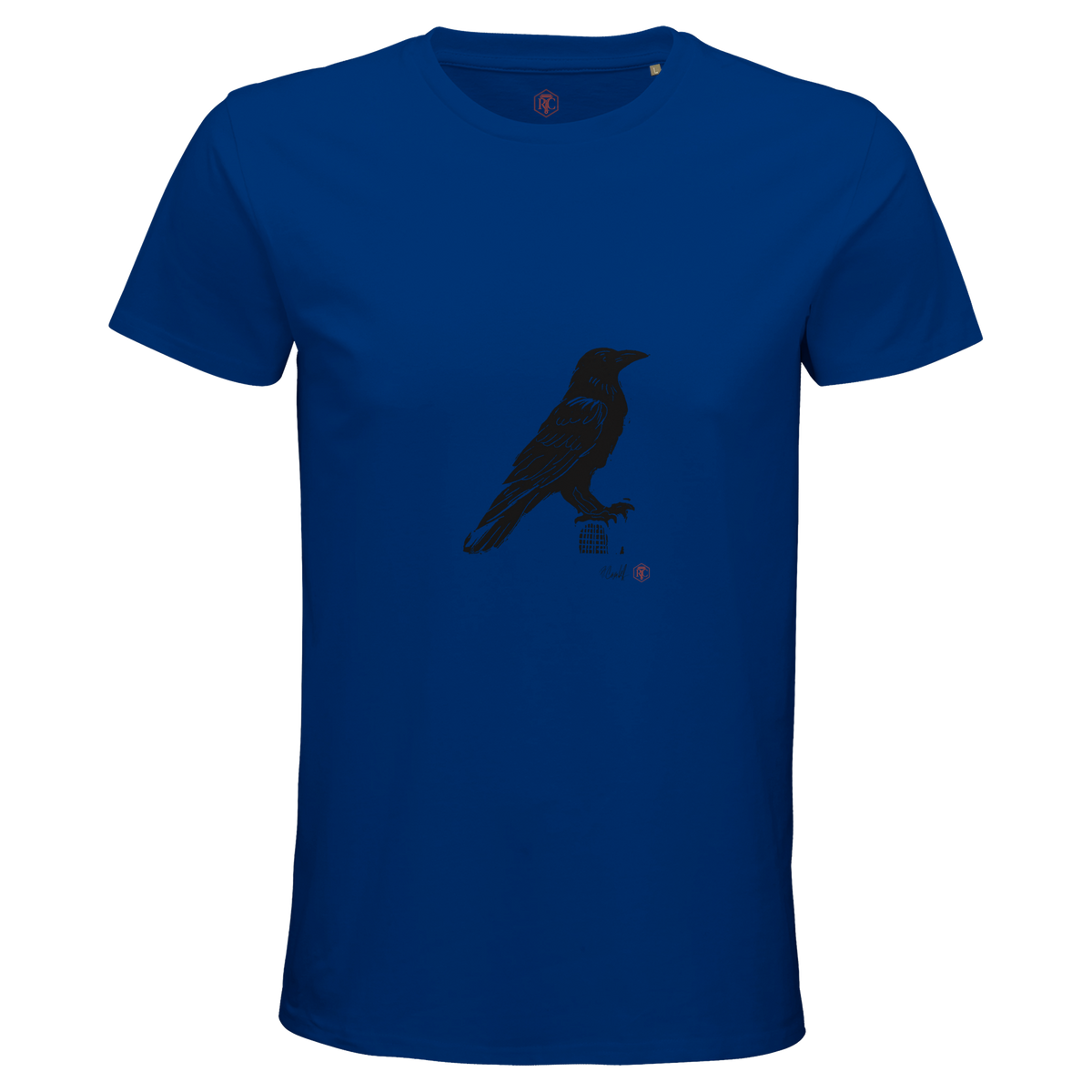 Organic cotton T-shirt with the linocut “Raven” – royal blue, men’s cut