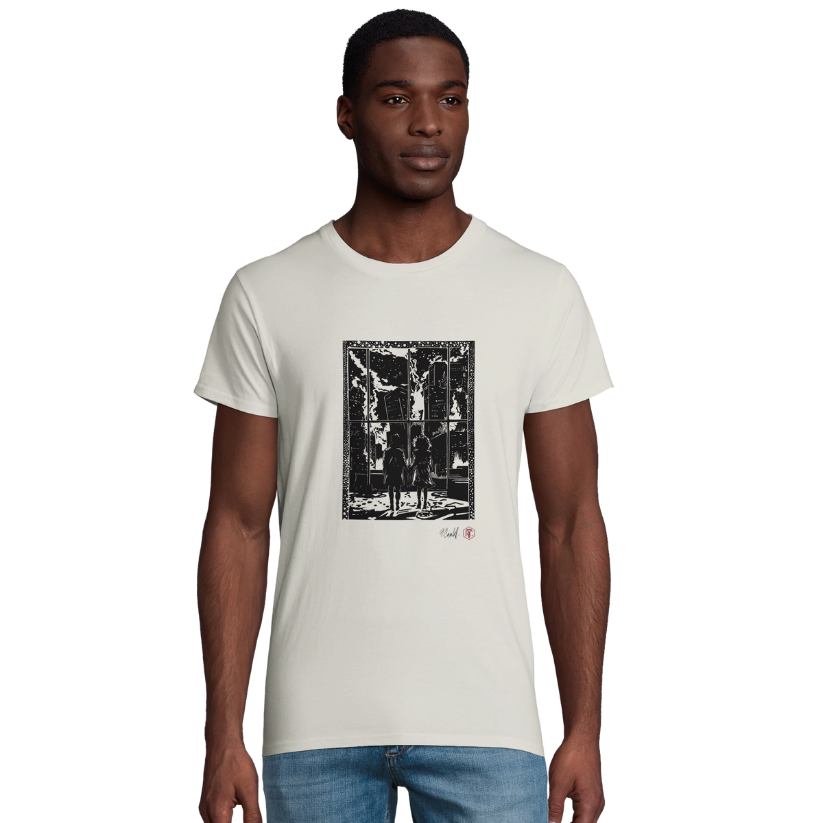 Model wearing T-shirt “The Window”, ash grey, men’s cut – front view