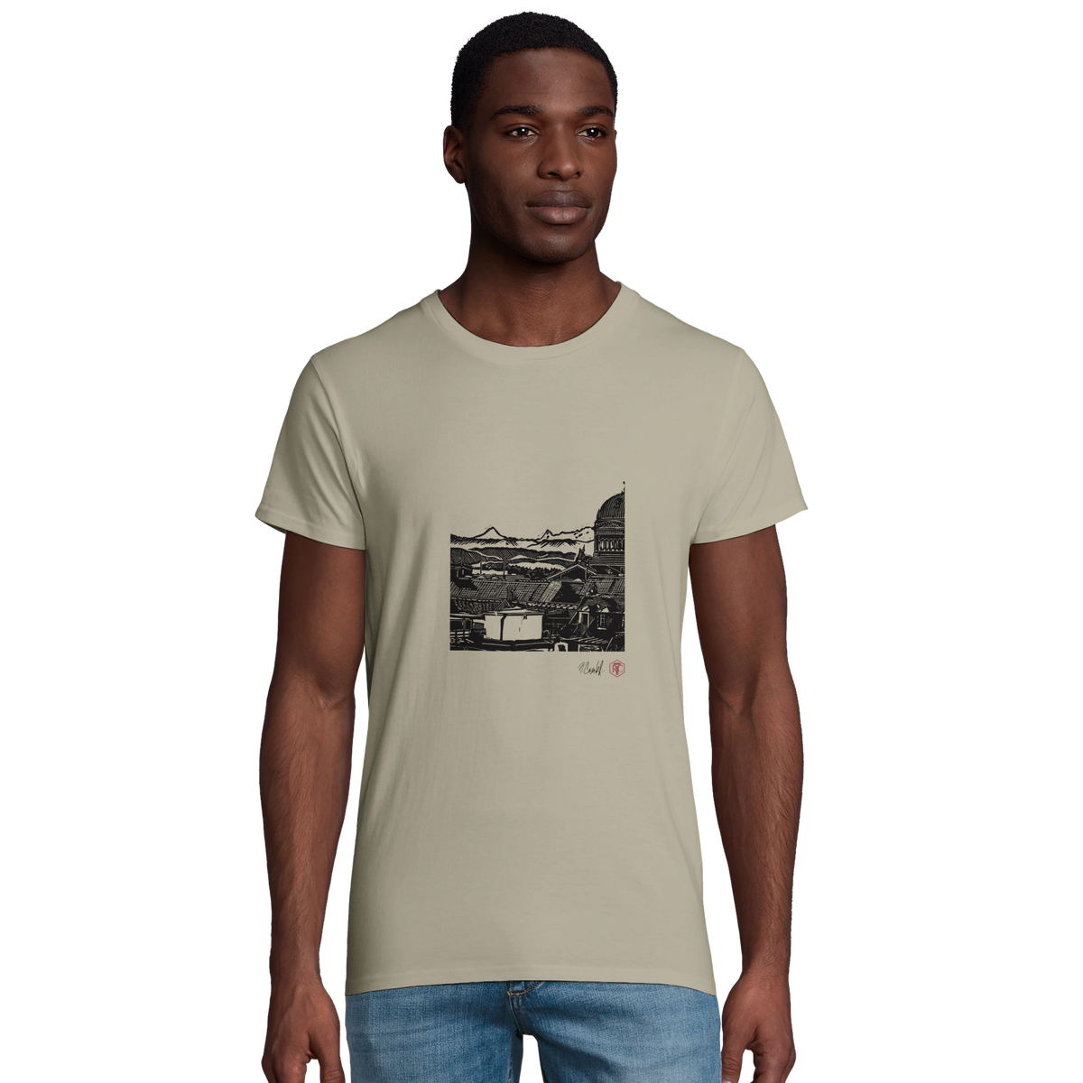 Model wearing T-shirt “Above Bern”, sand, men’s cut – front view