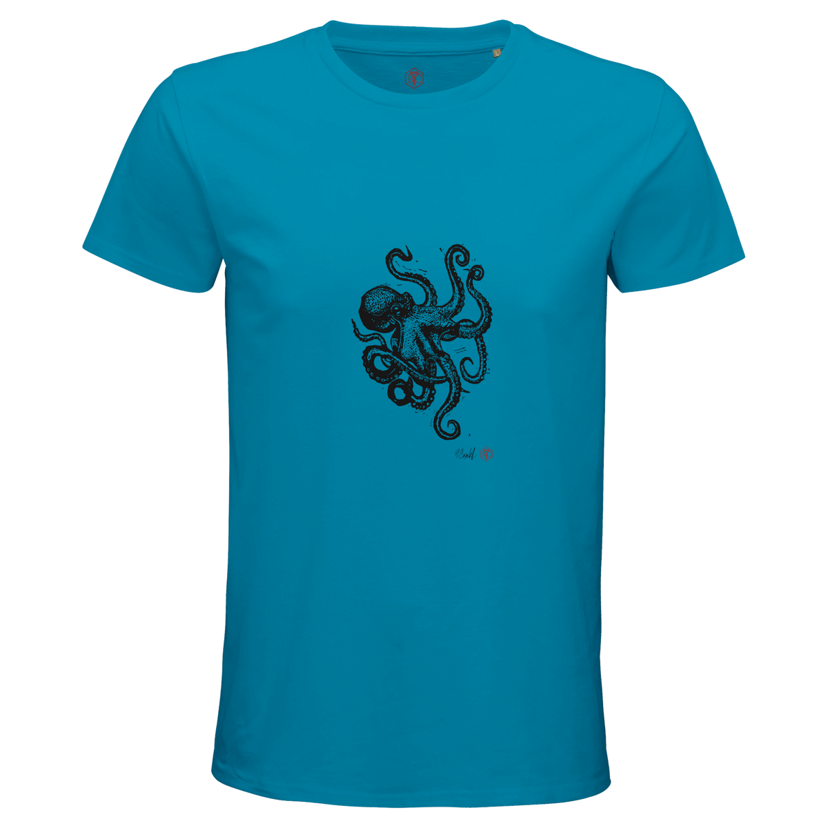 Organic cotton T-shirt with the linocut “Octopus” – aqua, men’s cut