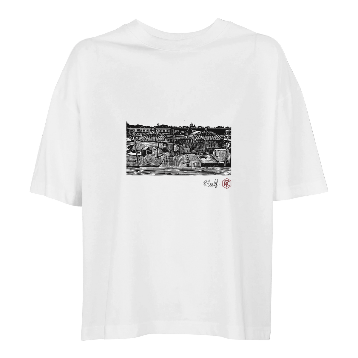Organic cotton T-shirt with the linocut “The Domes” – white, women’s cut