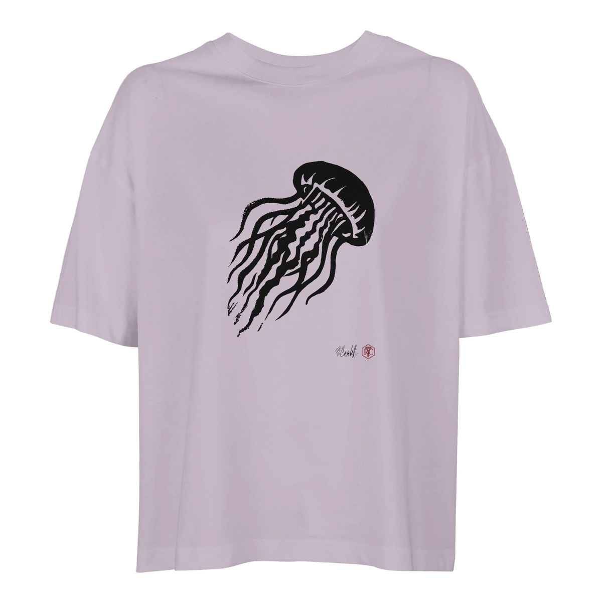 Organic cotton T-shirt with the linocut “Jellyfish” – lilac, women’s cut