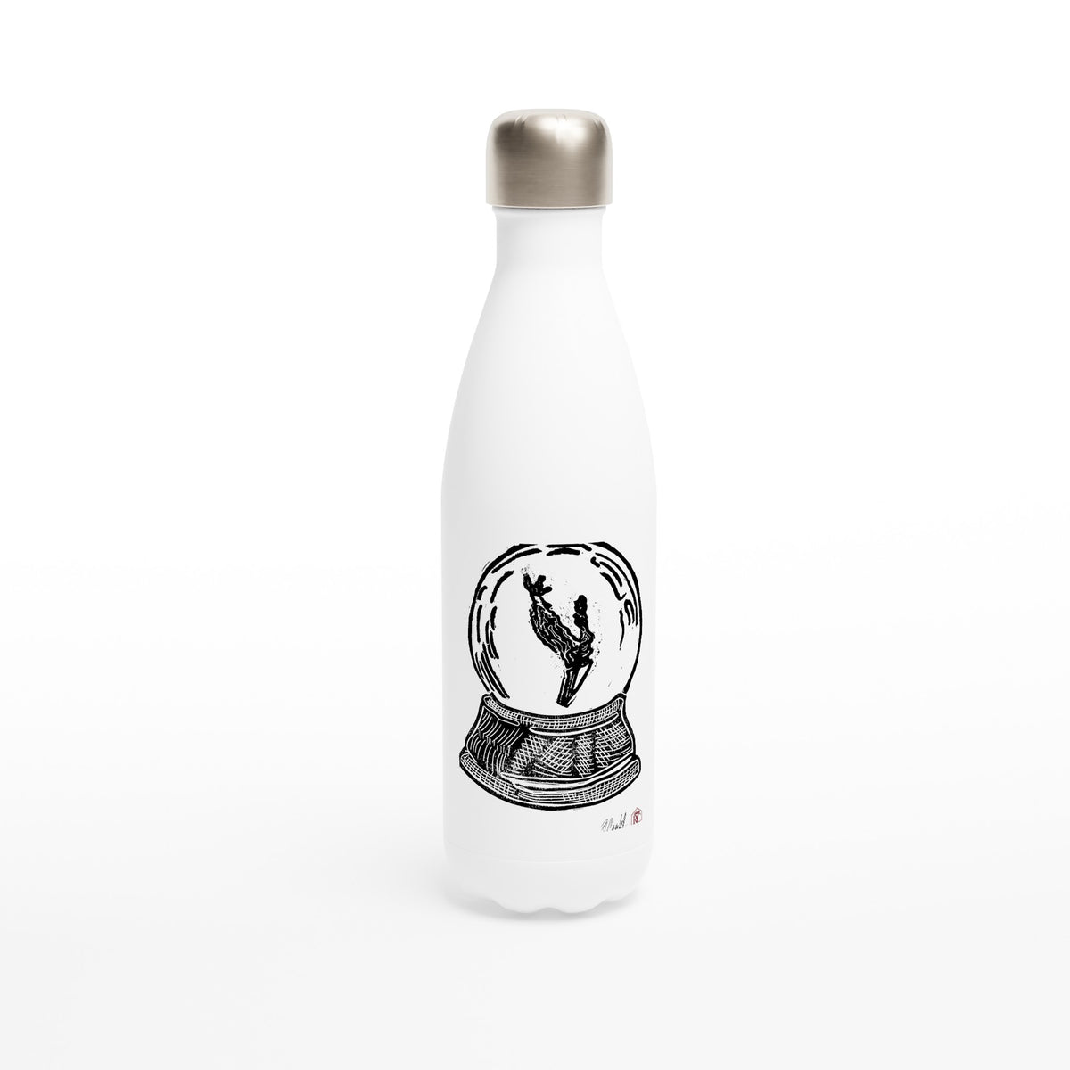 Stainless steel bottle with the linocut “Snow Globe Branch” – view 1