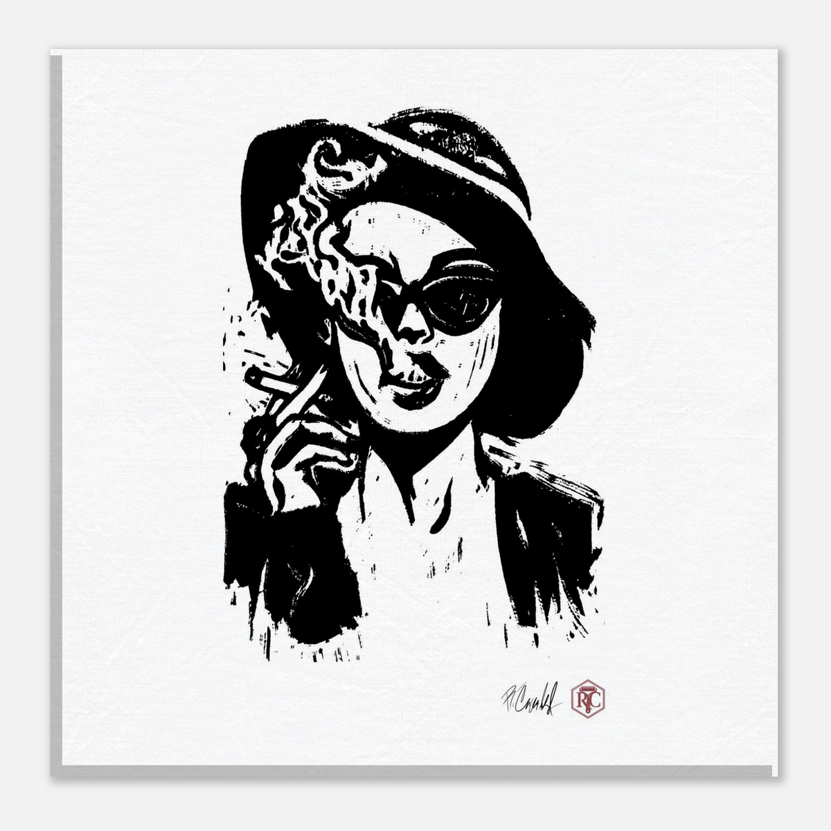 Canvas print 20 × 20 cm with the linocut “Smoke” – front view