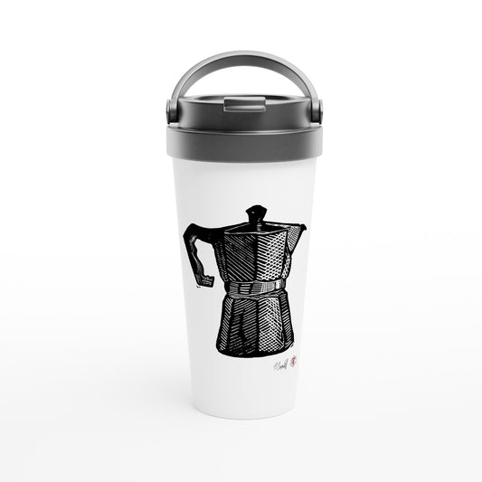 Stainless steel travel mug with the linocut “Moka Pot” – view 1