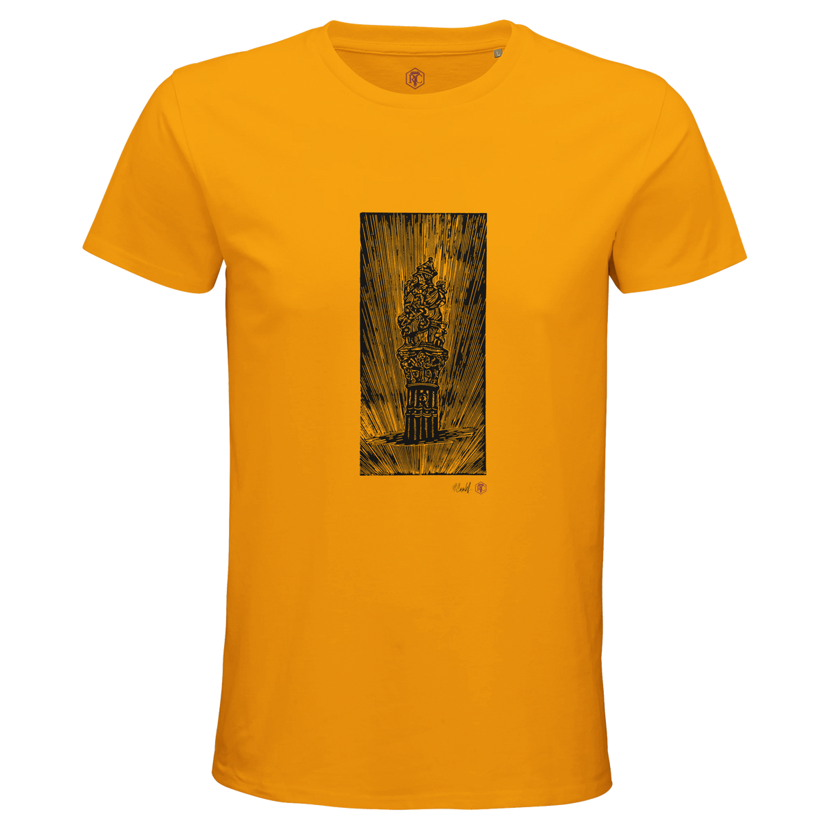 Organic cotton T-shirt with the linocut “The Fountain, Bern” – gold, men’s cut
