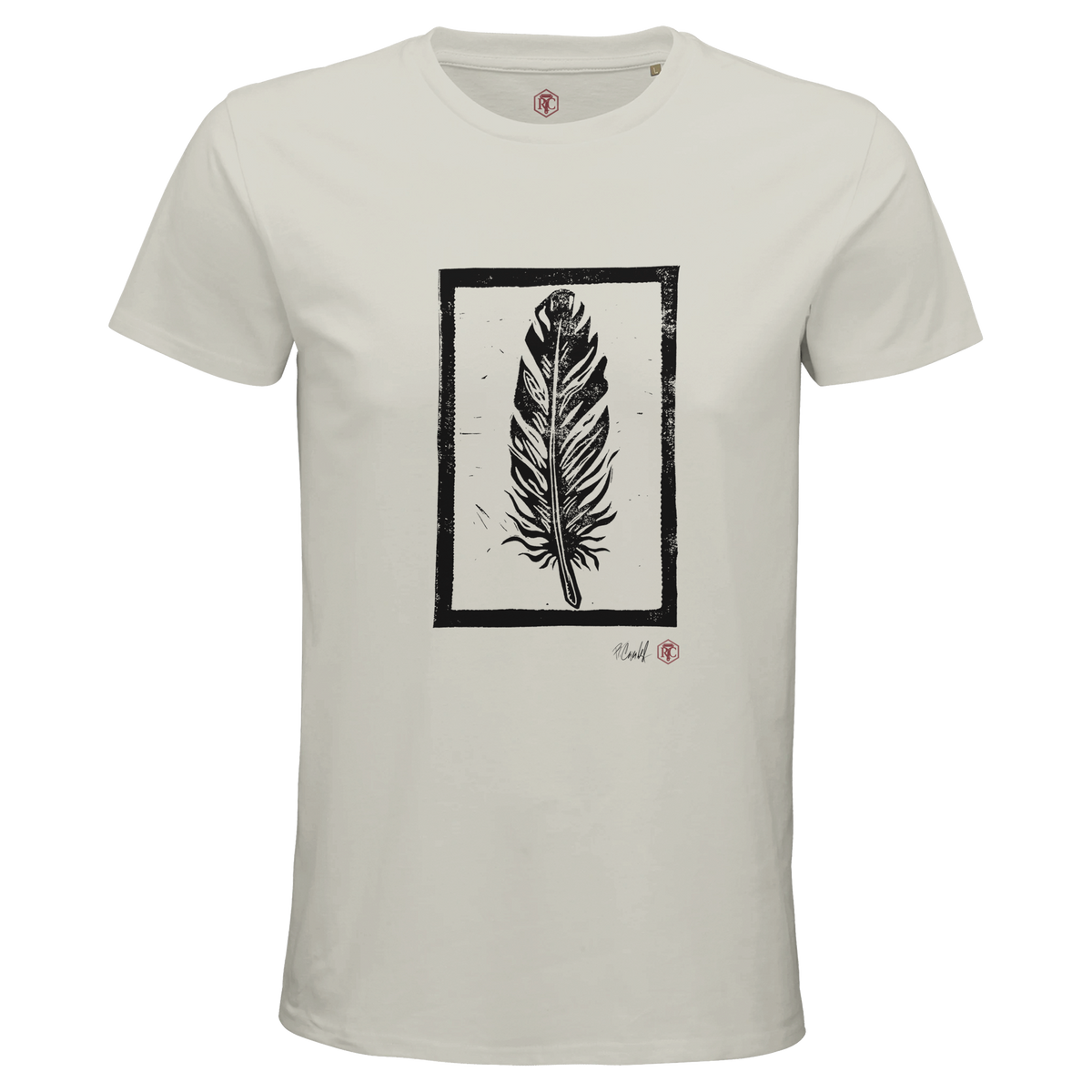 Organic cotton T-shirt with the linocut “Feather” – ash grey, men’s cut