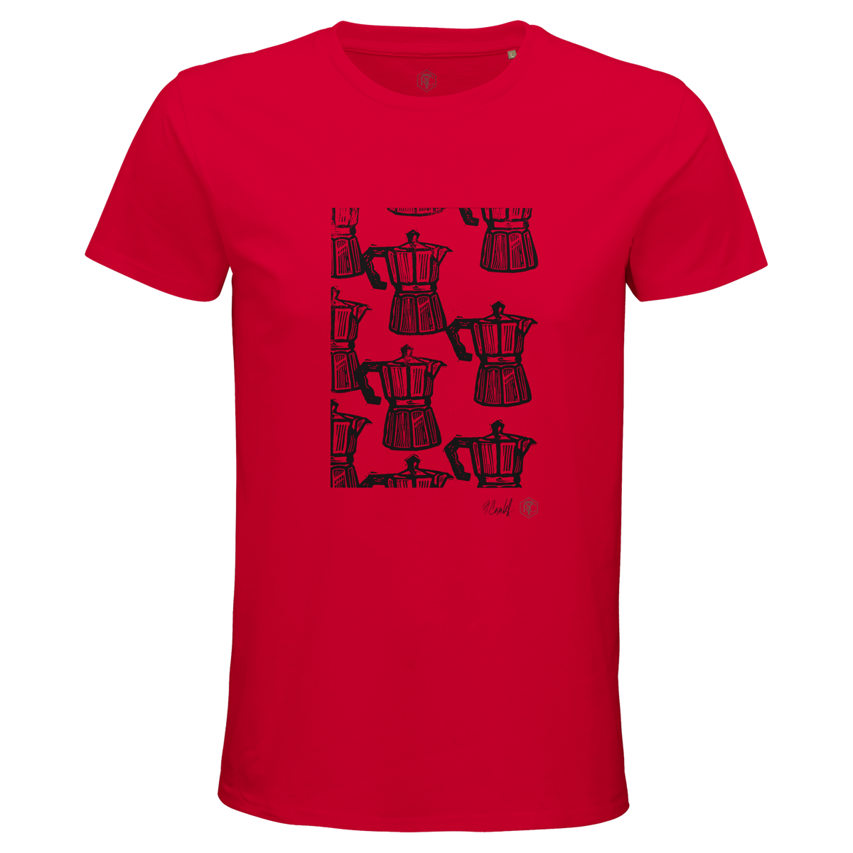 Organic cotton T-shirt with the linocut “Moka” – red, men’s cut