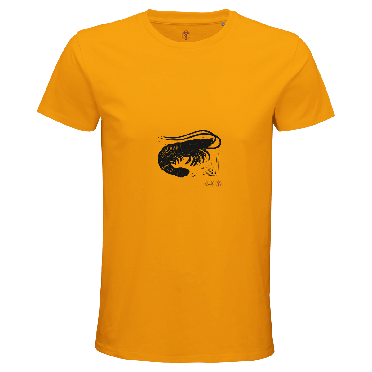 Organic cotton T-shirt with the linocut “Shrimp” – gold, men’s cut