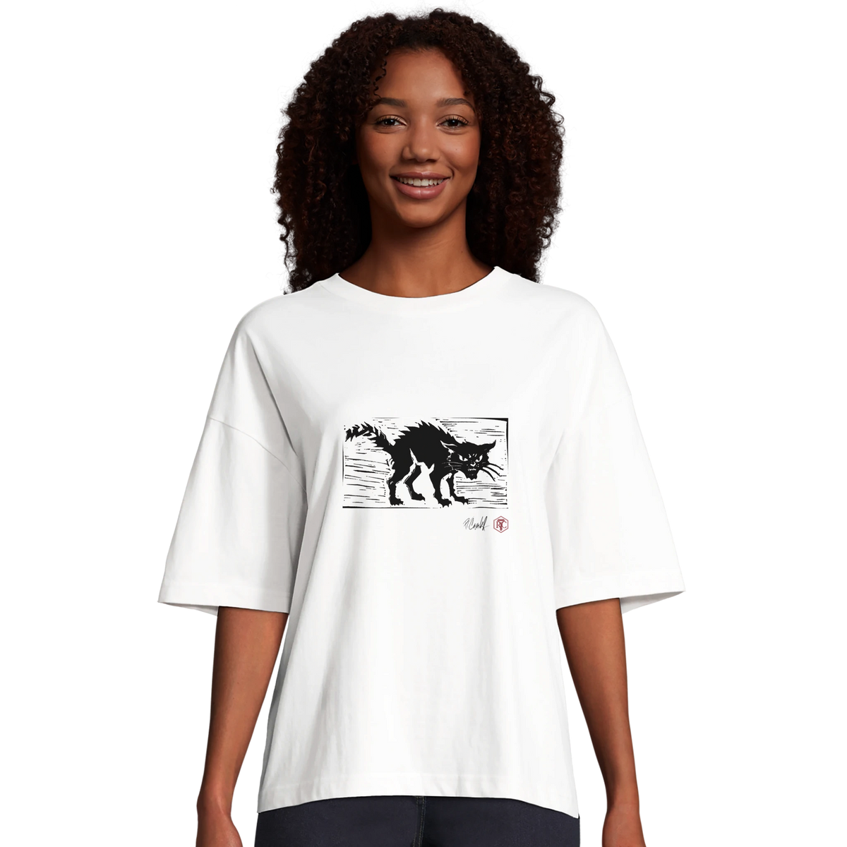 Model wearing T-shirt “Cat”, white, women’s cut – front view