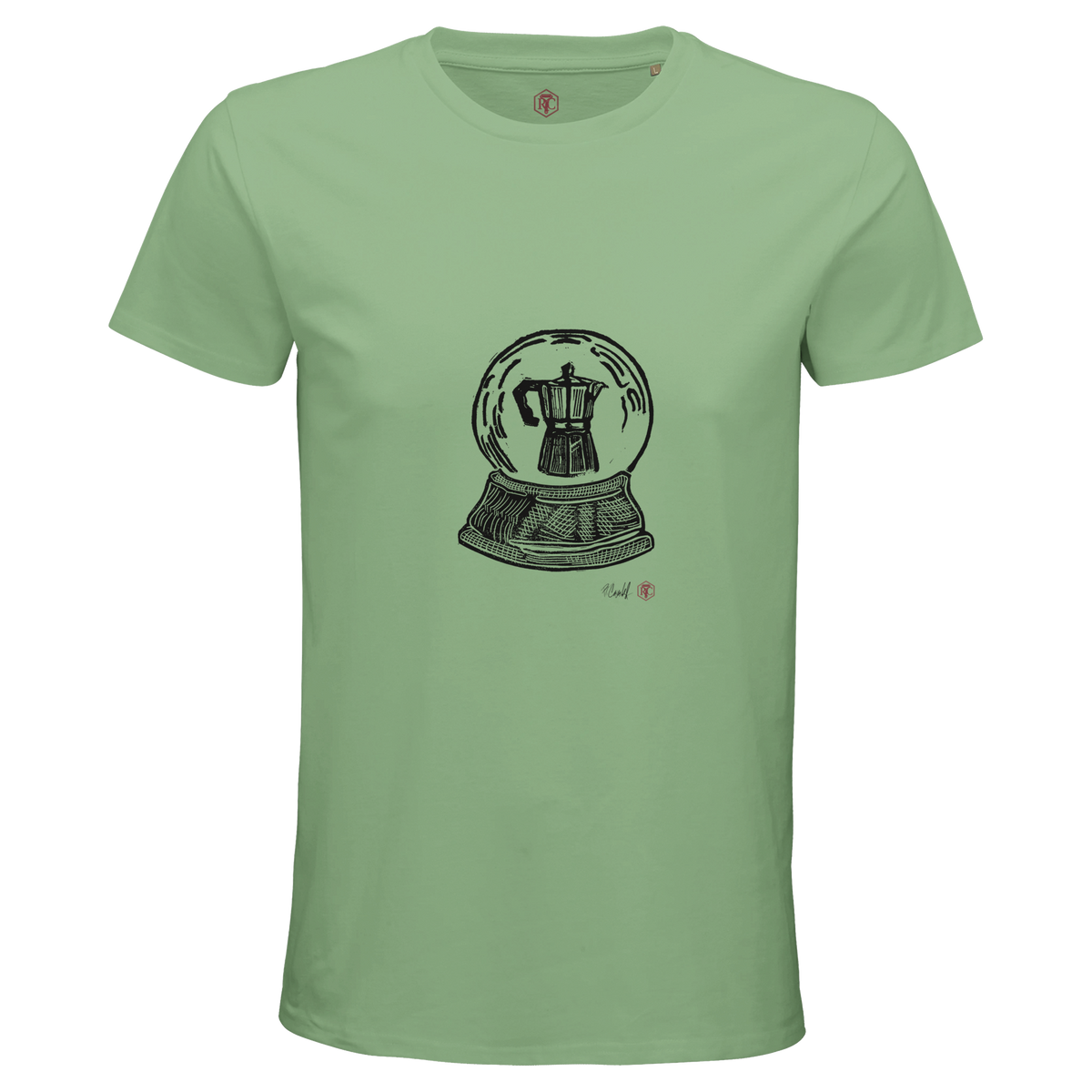 Organic cotton T-shirt with the linocut “Snow Globe Moka Pot” – apple green, men’s cut