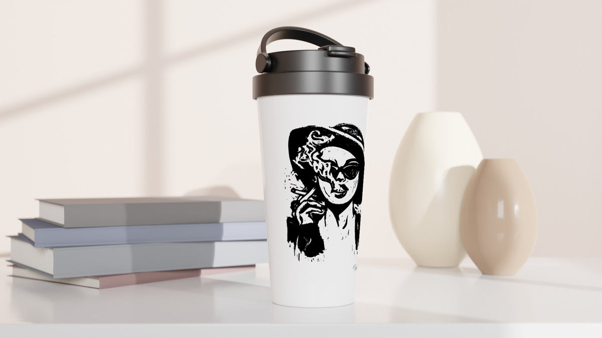 Stainless steel travel mug with the linocut “Smoke” – view 3