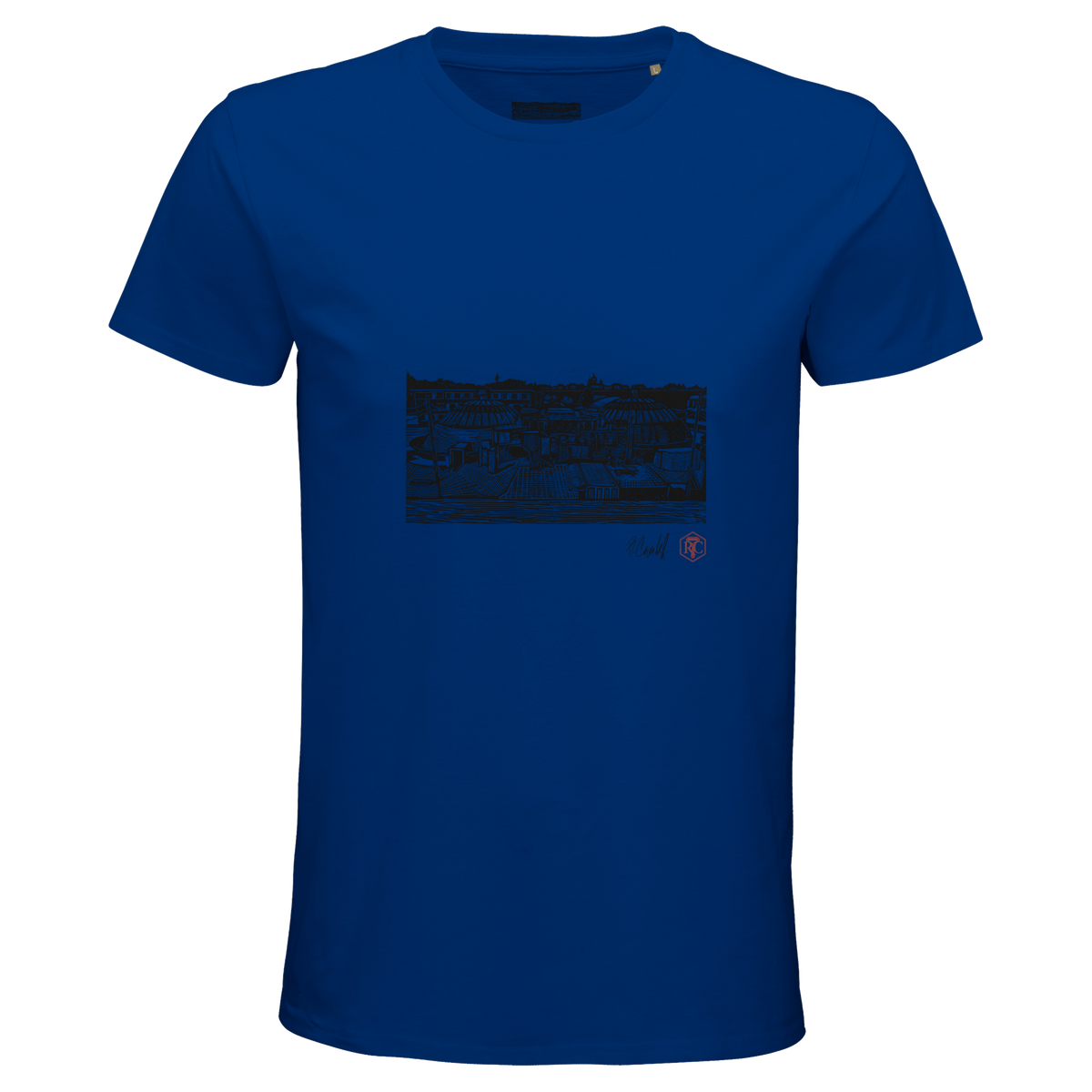 Organic cotton T-shirt with the linocut “The Domes” – royal blue, men’s cut