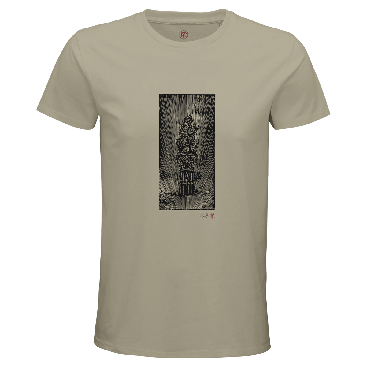 Organic cotton T-shirt with the linocut “The Fountain, Bern” – sand, men’s cut