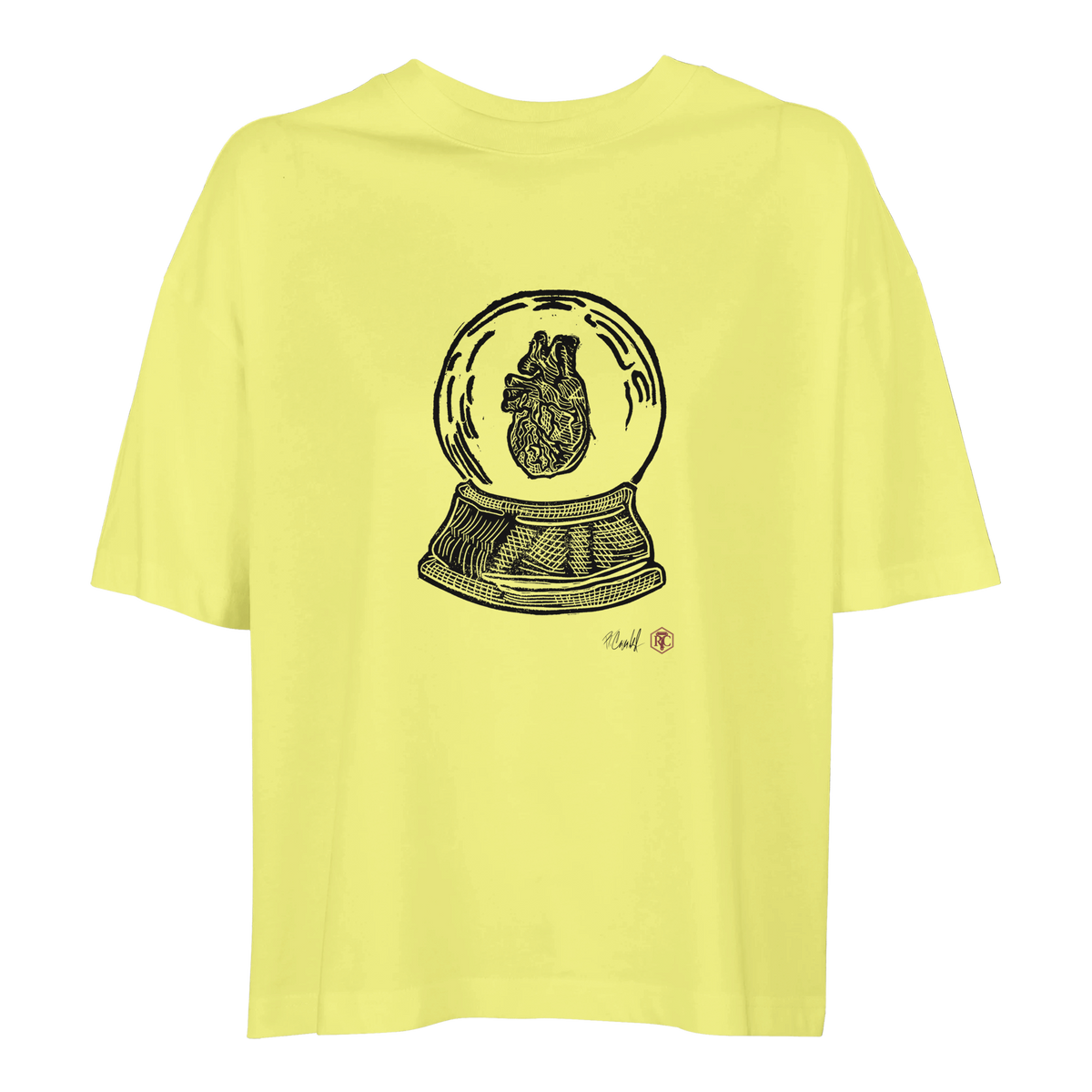 Organic cotton T-shirt with the linocut “Snow Globe Heart” – light yellow, women’s cut