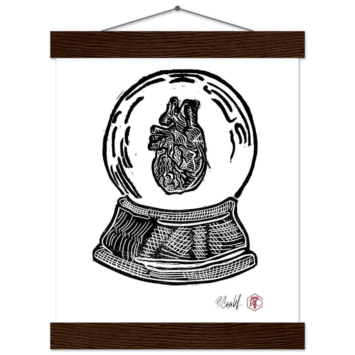 Poster 20 × 25 cm with wooden hanger, linocut “Snow Globe Heart” – front view