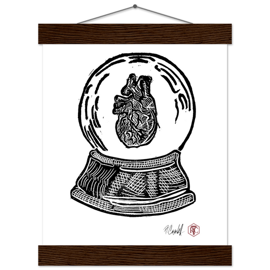 Poster 20 × 25 cm with wooden hanger, linocut “Snow Globe Heart” – front view