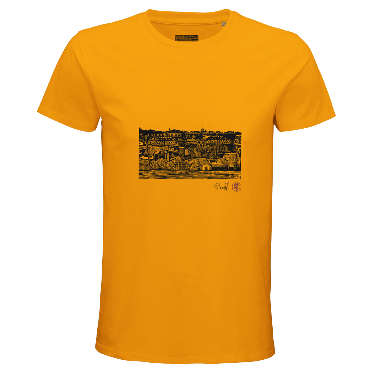 Organic cotton T-shirt with the linocut “The Domes” – gold, men’s cut