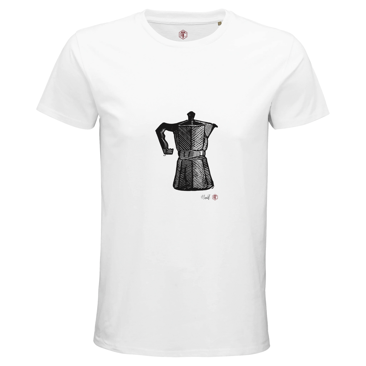 Organic cotton T-shirt with the linocut “Moka Pot” – white, men’s cut
